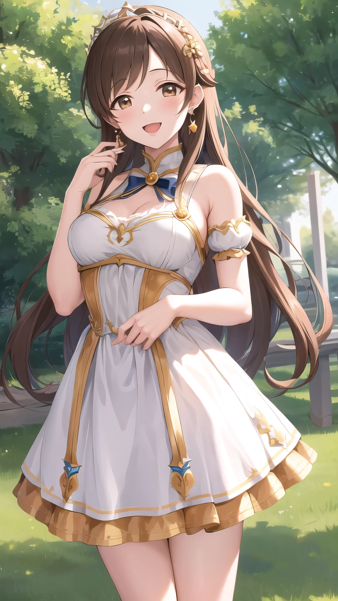 masterpiece, best quality, highres, aanitta, long hair, earrings, medium breasts, princess connect Re:Dive cosplay, princess Dress, standing, smile, open mouth, outdoors