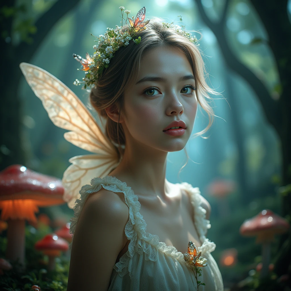 Absurd、4K、Full HD、masterpiece、Highest quality、Super detailed、beautiful、Extremely detailed、Fairy Girl、、happiness、Lean on、In the woods、Photorealistic、Hyper-realistic photography、3D Rendering、 3D Model、Concept Art、Main artwork、Medium Shot、dappled sunlight、Dramatic lighting、beautiful顔の描写 ,(Exquisite costume details: 1.3),Mysterious Forest,A magical light-filled space,10 years old,, (Natural skin texture:1.2), (Hyperrealism:1.2),Fairy Wings
