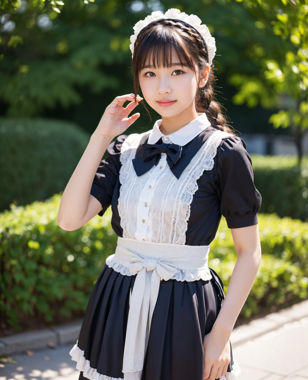 In maid clothes 、one beautiful maid、short black hair、hair ornaments、indoor