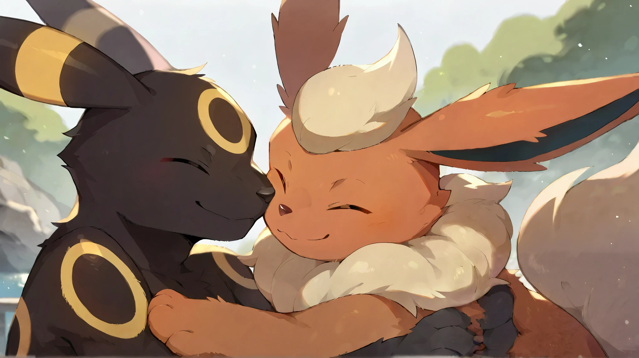 Umbreon's paw, (high quality, high resolution, Masterpiece), Pokemon(creature), white background, blurred background, couple, flareon macho, umbreon macho(shiny), hairy, falls, hugged, leaning against each other, looking at each other, rostos leaning against each other, Smile in the shape of 3, Line smile, closed eyes