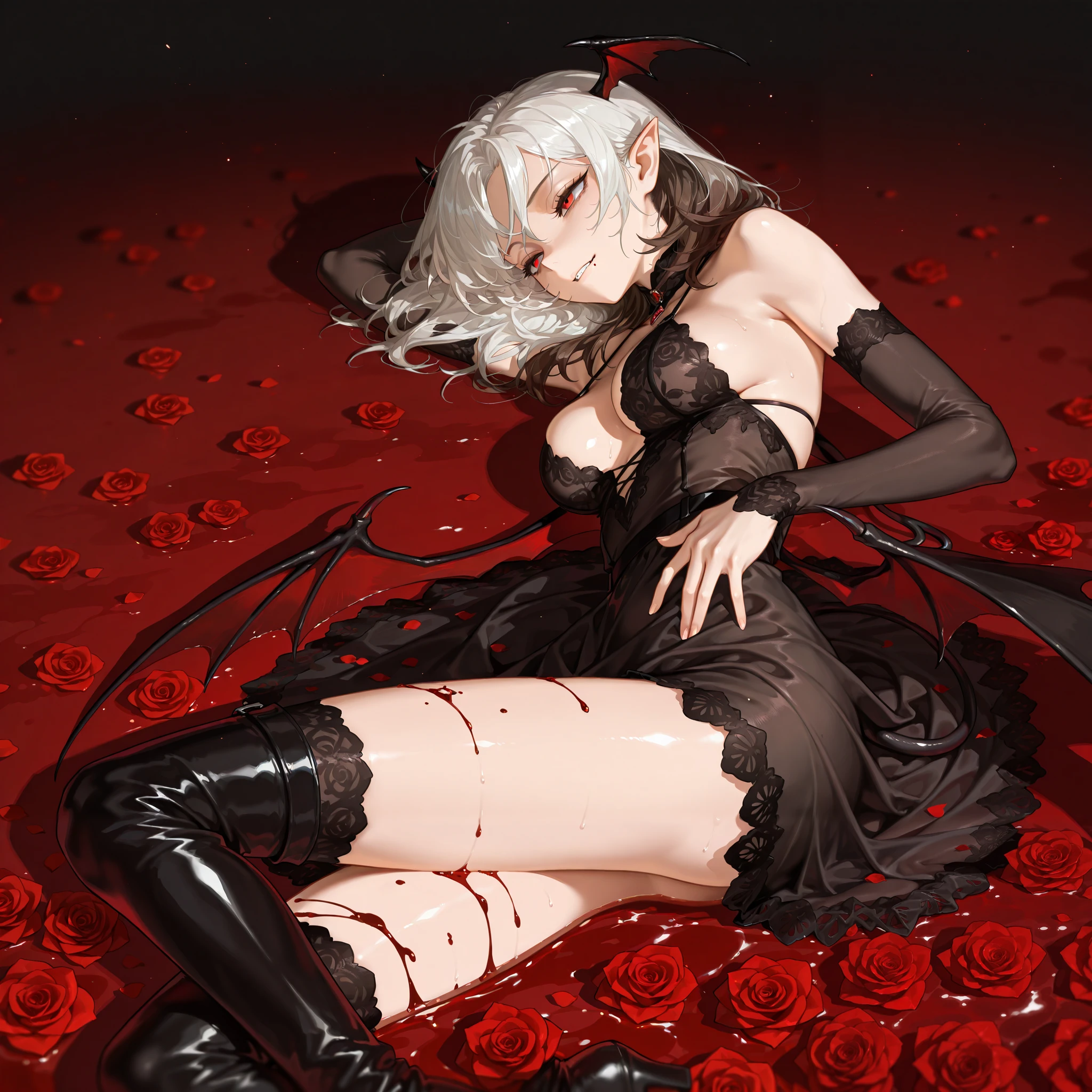 by [arknights|(748cmstyle:0.5)], mature, young adult, masterpiece, best quality, amazing quality, very aesthetic, high resolution, ultra-detailed, absurdres,
1girl, woman, solo, alone,(side shot, dynamic pose, upper body focus, three quarter view, close_up shot:1.2), dramatic pose, red eyes, black hair, medium hair, white hair, brown hair, vampire, lace dress, high boots, succubus, holding her breasts, half lidded eyes, tsurime, medium breasts, divinity, fighter, lip bite, darkness, Laying down in a field of blood roses, laying down on her side, sexy pose, rubbing her thighs, on her sides,
BREAK, depth of field, volumetric lighting
 