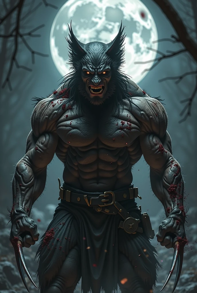 a black wolf,sexy, high, slim and well defined body,piercing red eyes, elegant white horns,((very ugly and very horrible brown loincloths)),(bottom:let it be dark in a room,a moon,full of chains,only the black wolf kneeling in front with many chains holding,his hands wrists are behind his back with chains,upset face,have chains securely fastening on your thighs and paws),(((bathed in blood all over his well-defined body))),(((serious injury (1.3))),(((Well-defined bumps or marks all over your body))),(((full of blood all over the floor))),