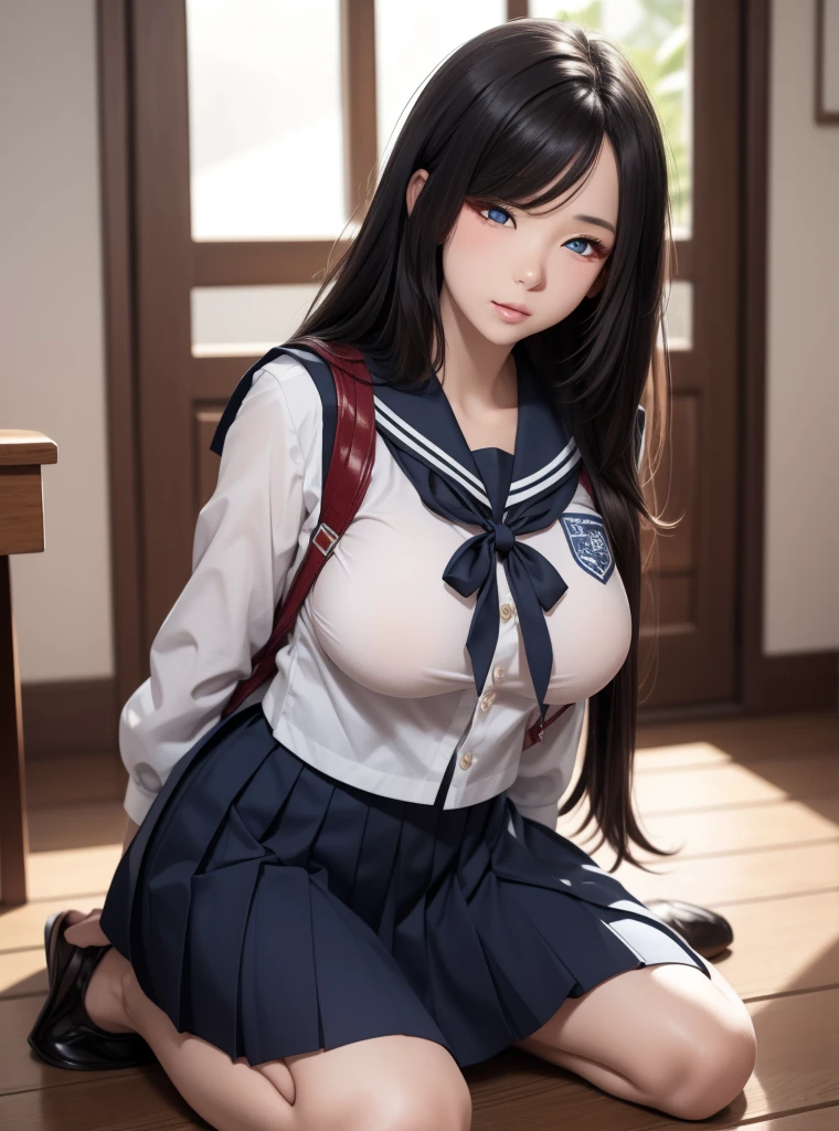 (A work depicting a scene from an anime for adults), ((Braiding, Pleated skirt, ribbon, Round face, Realistic sized eyes, Droopy eyes, blush, A shy smile, Thin lips, Spread your legs)), (((Stand up and masturbate by pressing your crotch against the corner of the table))), Open your mouth, (outside, On the sidewalk, Terrace table), erase, Erection under clothes