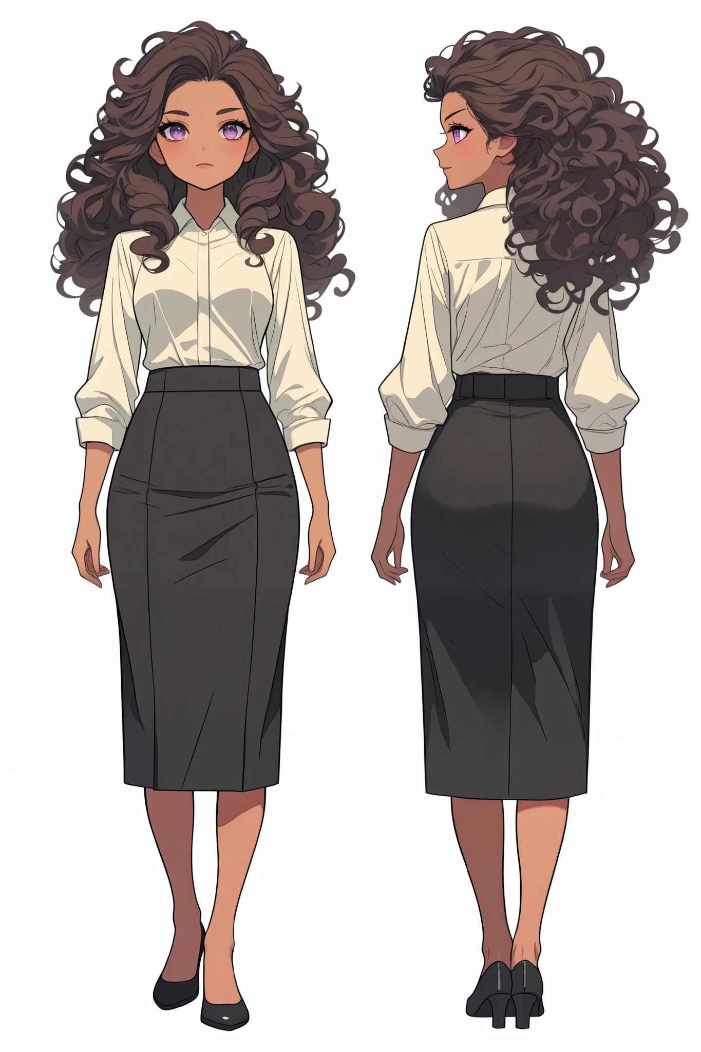 create a character for me, black woman, age 19, height 170, long hair, curly hair, brown hair, purple eyes, thin woman type, Brazilian nationality, office style skirt and clothes, formal clothes, western 2d line style, model sheet, make this character from various angles and positions, 360 degree view, front view, profile view, back view, full body view, full body character, png image, very detailed.