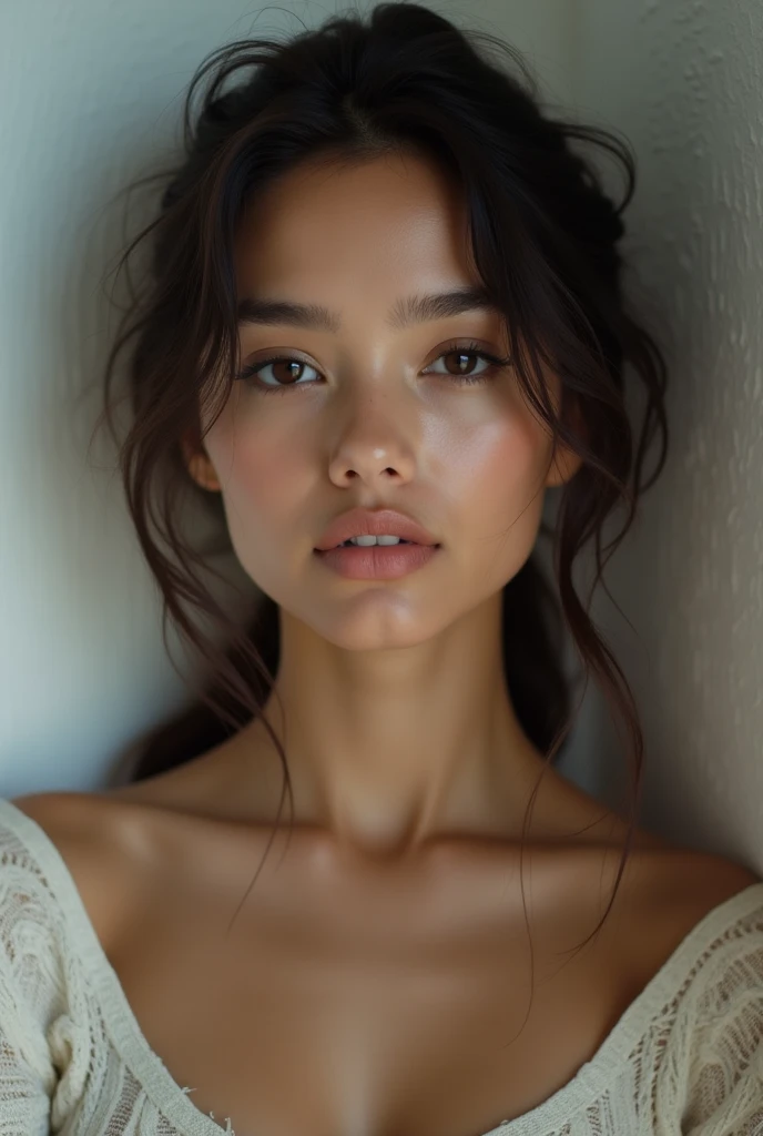 Beautiful girl, just wearing towel, luxurious brown living room, surprised expression, white skin, closeup, perfect