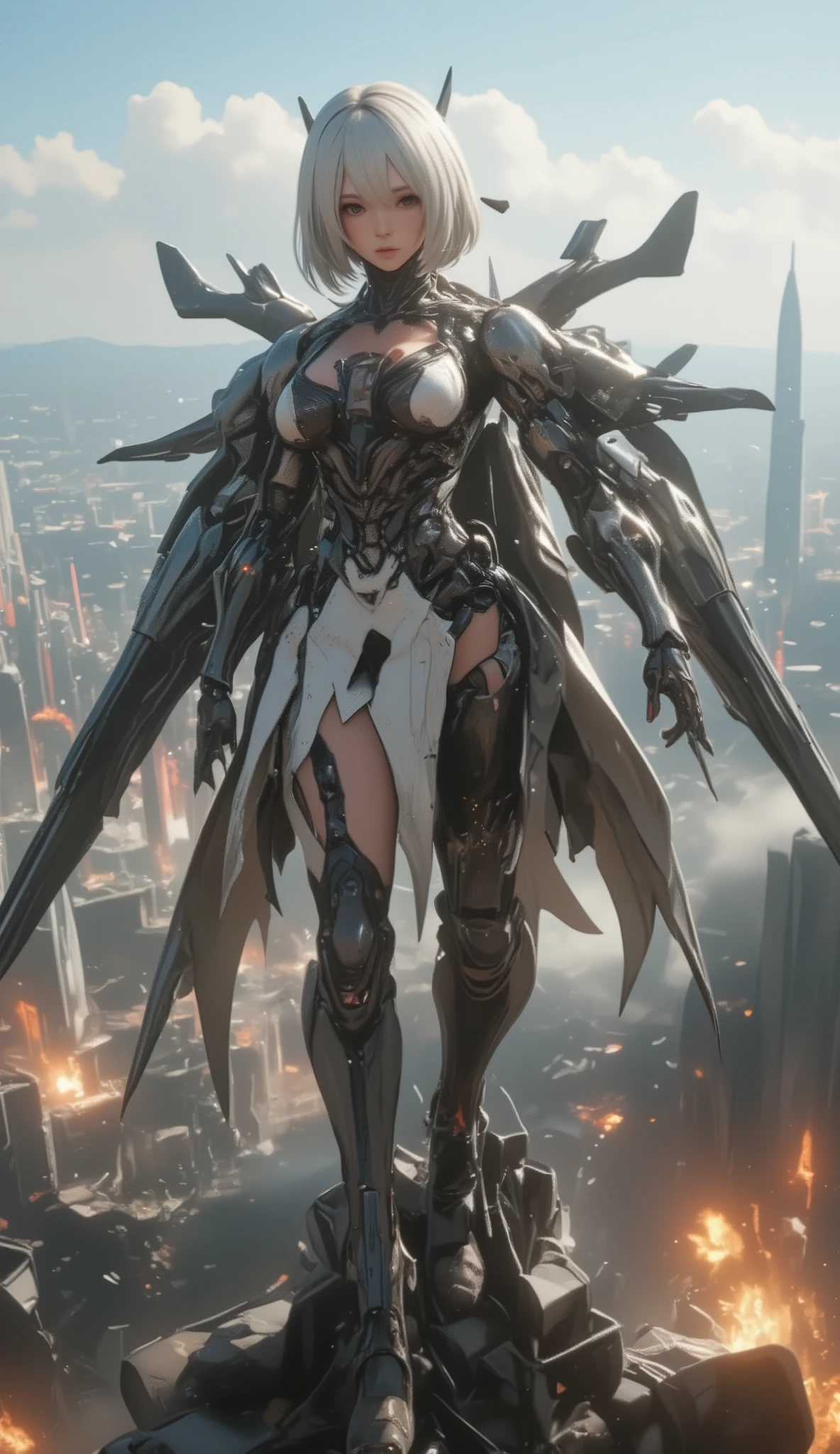top quality, Super quality, 16k, unbelievably absurd, very detailed, 2.5D, delicate and dynamic, pretty woman, seductive smile, ((sexy young Female with android robot body, iron long robot wings:1.5)),((large breasts:1.2), (huge breasts:1.2), (Uplifted and well-defined bust:1.2), (lifted chest:1.2), (perky breasts :1.2),(deep cleavage:1.4),, Great Style, , steampunk, DIESEL PUNK, clock punk , Cyberpunk, Glitter effect, (flying over a battle field:1.9), gun shots, bomb blusts,