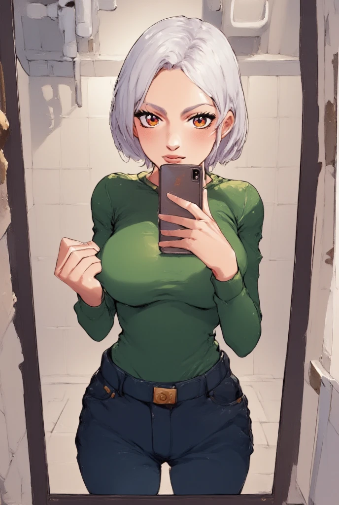 Android 18 dbz, blond hair, naked mirror selfie, full body, bedroom background, wooden floor, green walls, exposed body, holding a cellphone, smile, anime-style with line drawing based on anime, masterpiece with ultra-detailed skin, rendered in high resolution (4K, UHD, HDR, or 8K), featuring subdued yet vivid colors. The lighting should be professional, casting realistic shadows. Pay close attention to the details of the lips, eyes, and body. Additionally, include reflections
