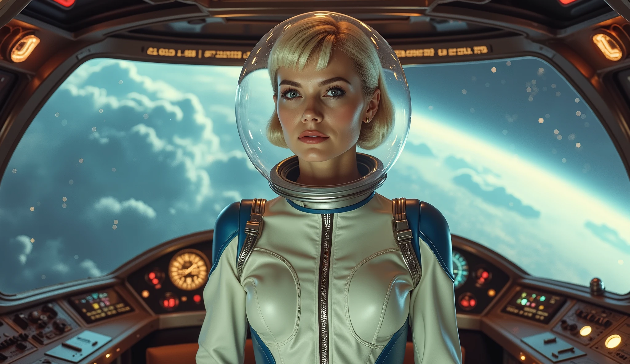 A stunning female pilot in her early 30s, light-skinned, with a sleek platinum-blonde bob, styled in a retro 1960s fashion. She wears a futuristic yet vintage-inspired flight suit— a form-fitting white jumpsuit with metallic blue accents, high collar, and a silver belt. A transparent, bubble-shaped helmet rests on her shoulders, revealing her confident expression.
She stands inside the luxurious cockpit of a massive interstellar cruiser, surrounded by elegant control panels with glowing, colorful buttons and vintage-style analog dials. Through the panoramic glass window, a breathtaking view of a vibrant nebula and distant planets is visible. The soft glow from the cosmic scenery illuminates her face, creating a dreamy yet powerful atmosphere. The entire scene is infused with a nostalgic, space-age optimism, blending Art Deco elegance with mid-century sci-fi aesthetics.