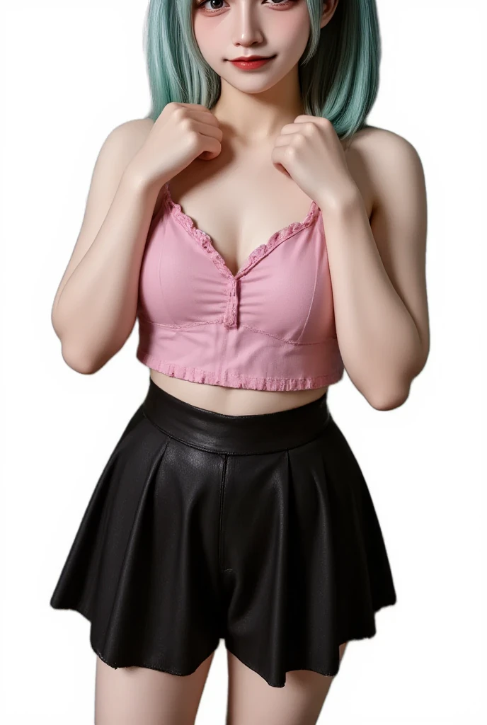 Tabletop, masterpiece, Highest quality, figure, Very detailed, In detail, Highest Resolution, 8,000 people Wallpaper, Fully dynamic configuration, Beautiful and delicate eyes, Medium Short Hair, Large Breasts, Shiny color lip, random and sexy poses,random、(8,000 people, Ultra A High Resolution, Highest quality, Tabletop:1.2),(18-year-old:1.2)、(avert your eyes)、8,000 people、Japanese girl raw々new portrait、Realistic、Ultra A High Resolution、Highest quality、 (Big Breasts, Split:1.2),break (Natural skin texture、Detailed skin、Surrealism、Extremely clear)、Intricate details、Depth of written boundary、Korean Idol、Nogizaka idol、Aiming to become a gravure idol、Actress model pose bunbun, skirt, Jacket, abdomen, Food, Bunny ears, Leg warmers, Highest quality, masterpiece, figure, Realistic, photo-Realistic, wonderful, 細かくIn detail, crop top with a fuzzy white rabbit ear Foodie. The Foodie is open, Revealing the pink crop top underneath. She is also wearing Leg warmers. A woman is standing in a cute room in pink and blue tones. The room is decorated with lots of cute ornaments..