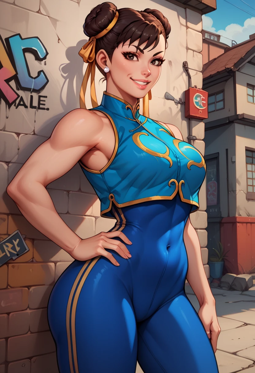 score_9, score_8_up, score_7_up, score_6_up, source_cartoon, BREAK masterpiece. CHUNLIAL, brown eyes, double bun, yellow ribbon, blue bodysuit, crop top, sleeveless, breasts, hand on own hip, looking at viewer, smile, parted lips, back, back view, smile, parted lips, alleyway, concrete wall, graffiti,