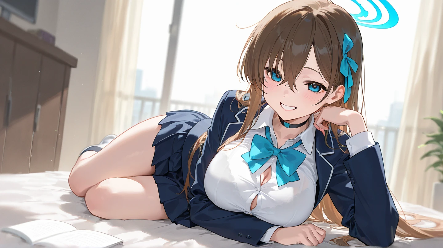 (masterpiece, highest quality, High resolution, 超High resolution, Perfect Pixel, Written boundary depth, 8k, About RTTX10.0), (One Woman:1.3), Cinema Lighting, Best Shadow, The best natural light, Cinematic, ((Smooth texture:0.75, Realistic texture:0.5, Anime CG Style)), Beautiful Anime Women, Beautiful art style, Anime characters, (One woman is lifting her skirt up by herself:1.4), ((Detailed face:1.2)), (Brown Hair, ponytail), Beautiful and big breasts, Slender body,Beautiful thighs, ((Navy Blue Blazer:1.2), White shirt, Navy blue checked skirt, Red ribbon at neck), Embarrassed smile、Troubled face, close your knees, ((Stylish light blue satin side-tie panties with lavish embellishments:1.3), (Light blue with white lace panties)), Diagonal side angle, Dynamic Angle, Sexy pose、Perfect Anatomy, Exact number of arms, Exact number of hands, Exact number of legs、(School classroom, Many people in the background々:1.3), Manga Design