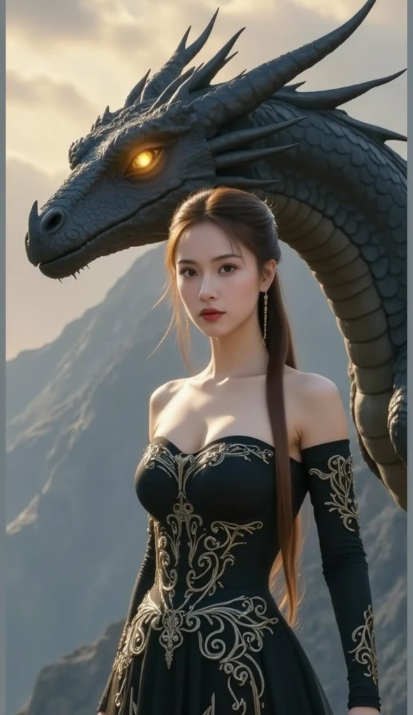 A brunette girl on top of a dragon in the sky, The girl is pretty and slim with black hair that is between straight and wavy., almond eyes and the dragon make it big, powerful