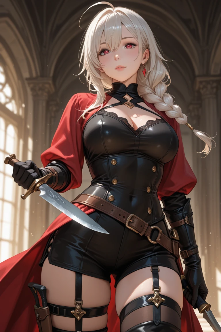 (((((middle age woman))))), masterpiece, ultra detailed, 8k portrait, RAW photo, portrait photography, highly detailed face, beautiful and meticulous eyes, ((Fantasy)), 1 woman, (((cool middle aged face))), grin, Adult beautiful, 32 years old, (((drooping eyes))), (((sitting on slave))) and (((spread legs))), (((Slicked back blond hair))), (((white skin color))), Luxury, ((black and gold lightly dressed)), (((big collar transparent long cloak))) fluttering in the wind, (((leather boots))), wearing lot of many accessory, ((jewel necklace)), (((holding a short sword))), neckline, Midday Sun, hyper realistic, athletic body, beautiful real sculptural body, big breasts, Beautiful breasts, Long legs, in the medieval merchant guild, , Ambient lighting, Shadow details , Camera focus on thigh, strong breeze, Light fog
