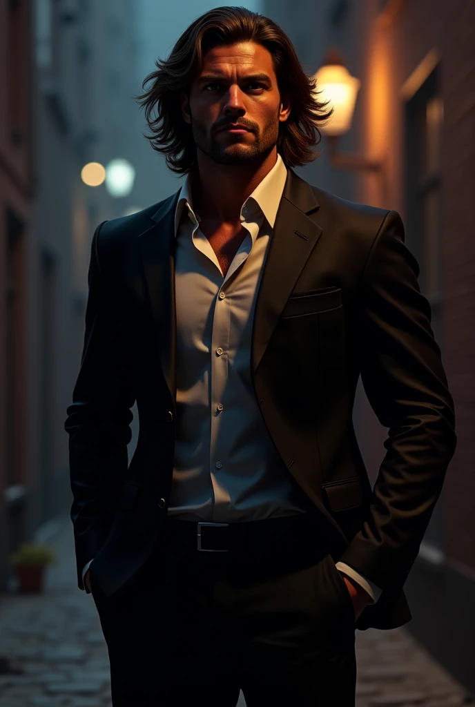 male people, muscular , with brown skin, long brown curly hair, Dark suit pants, black suit jacket,Lined with white shirt, urban backdrop, Night, In a dark alley, realistic, 8 thousand, unreal-engine, Very detailed , Octagonal rendering,