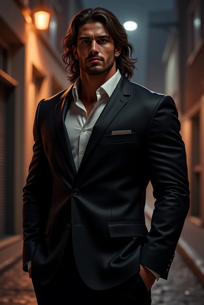 male people,  muscular , with brown skin, long brown curly hair, Dark suit pants, black suit jacket，Lined with white shirt, urban backdrop, Night, In a dark alley, realistic, 8 thousand, unreal-engine,   Very detailed  , Octagonal rendering,