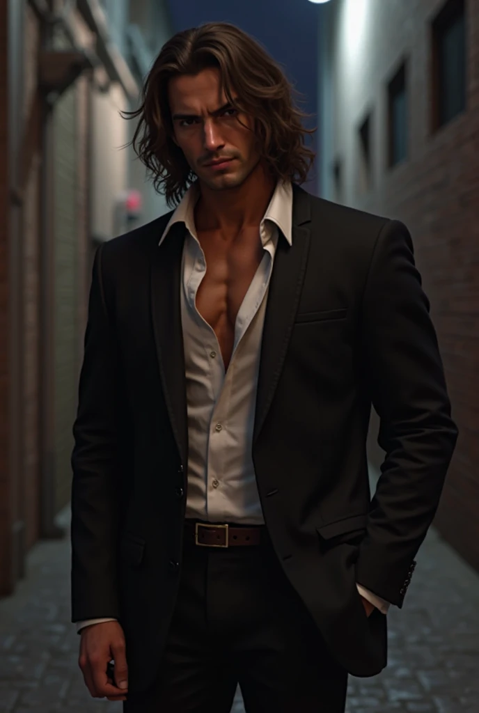 male people, muscular , with brown skin, long brown curly hair, Dark suit pants, black suit jacket,Lined with white shirt, urban backdrop, Night, In a dark alley, realistic, 8 thousand, unreal-engine, Very detailed , Octagonal rendering,