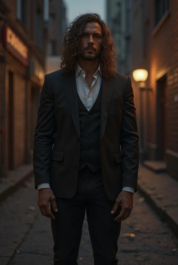 male people, muscular , with brown skin, long brown curly hair, Dark suit pants, black suit jacket,Lined with white shirt, urban backdrop, Night, In a dark alley, realistic, 8 thousand, unreal-engine, Very detailed , Octagonal rendering,