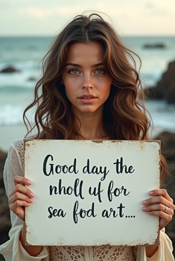 Beautiful girl with wavy long hair，Dressed in a bohemian style，Holding a whiteboard with the words &quot;I Love SeaArt Infinity&quot;，and show the audience