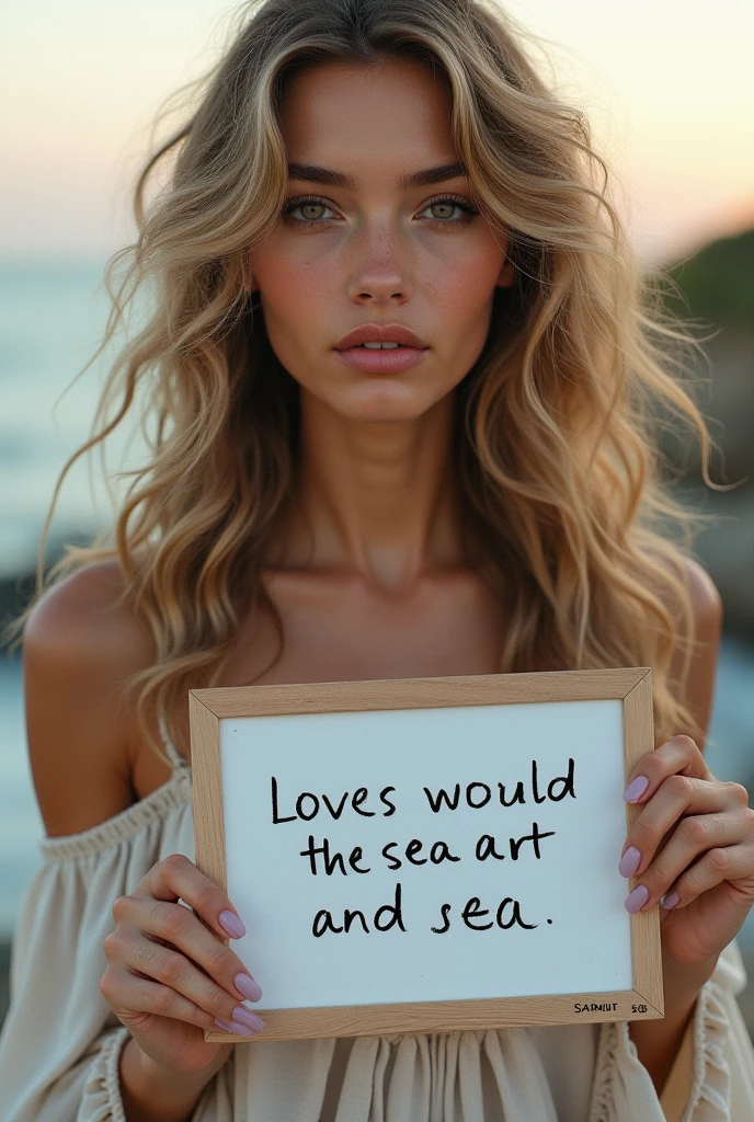 Beautiful girl with wavy long hair,Dressed in a bohemian style,Holding a whiteboard with the words "I Love SeaArt Infinity",and show the audience