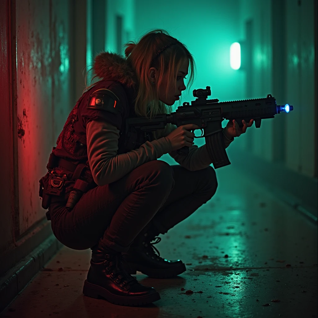(granular:0.5), ,girl, the space, Serious, Eye for detail, detailed face, Detailed futuristic clothing, Lamps in clothes, (Aiming guns:1.1), (hides:1.1), (Squat, looking off to the side:1.1), Volumetriclighting, isolation, scary , dim lights , Red bioluminescent details, Green bioluminescent details, Blue bioluminescent details