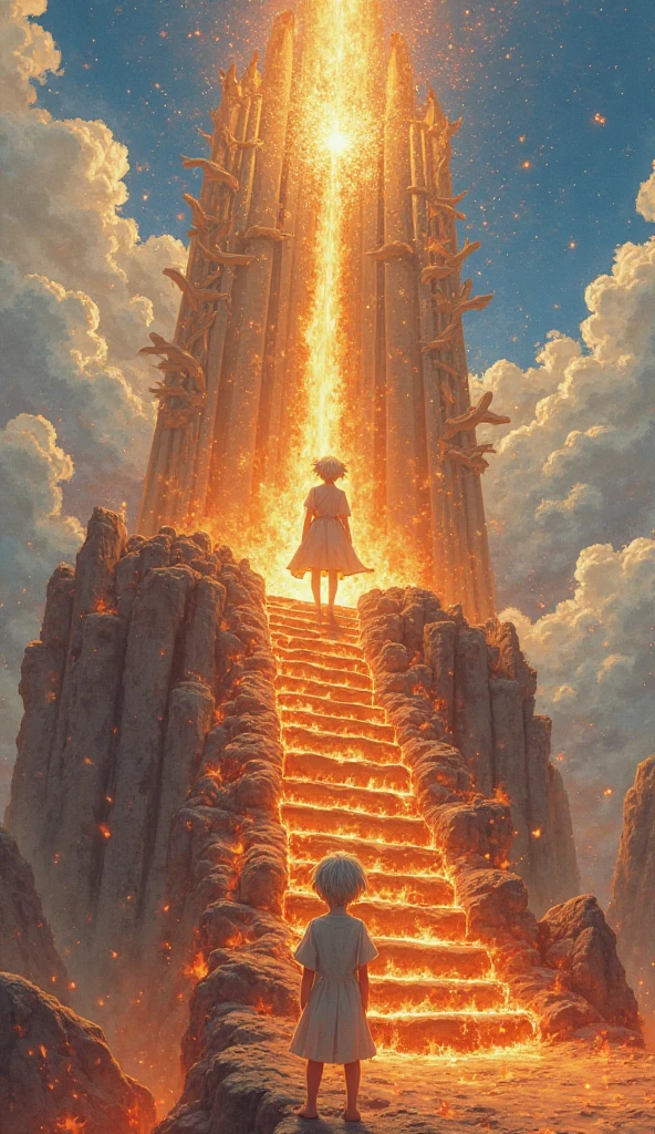 High detail , clear, 8 gm, Throne of Fire, Young person, 18yr old, Light gray hair, 1 girl with short hair, yellow eyes , There is a blue sky behind, Fiery stairs leading to the sky,To the throne, Realism , fanciful,