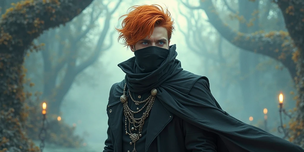 Masterpiece , Best Quality, Tartaria (Genshin Impact), gloves, masks, Male focus , 1 boy, Blue Eyes, black gloves, alone, orange hair , By bangs, Eau, jaket, hair between eyes, jewelry , 围巾,