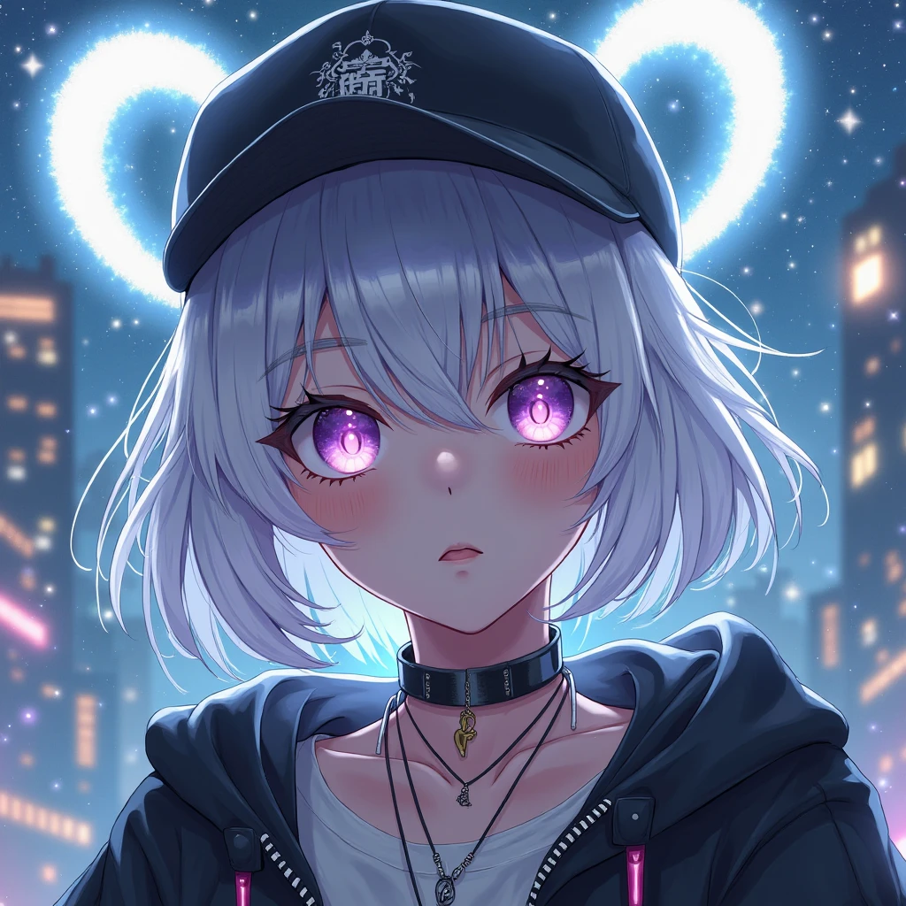 Masterpiece , Best Quality, 4K, Ultra HD, Sanzhuang City, painting of a, beautiful eyes and detailed face, illustration, beautiful detailed , high resolution illustration, with light glowing_ white _Particles, 1girl, white hair, light purple eyes , Heart-shaped halo, short side details, baseball cap, face expressionless , 窗帘, black jacket , Chest hanging, Cyberpunk, Tech clothing,(Impresionismo:1.4), Vincent van Gogh