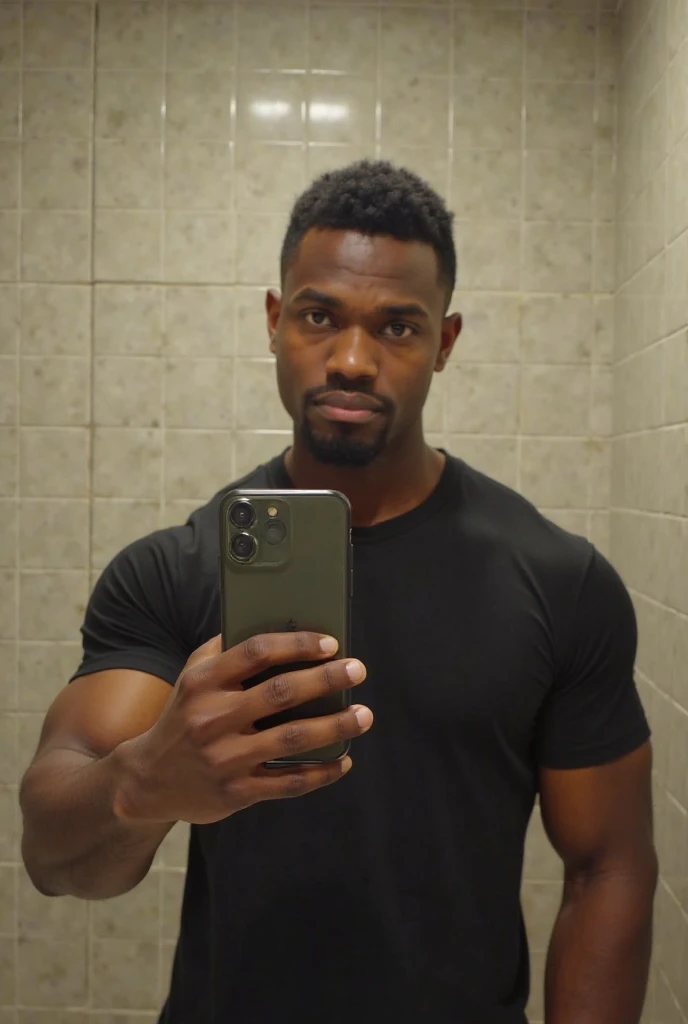 A muscular, broad-shouldered African black man takes a selfie in the mirror. He is naked and his genitals are visible. He is big and thick. There is nothing on him. He is completely naked. He has a long and thick cylindrical limb where his genitals are. The big, veiny limb is as big as an arm and he shows it by holding it.