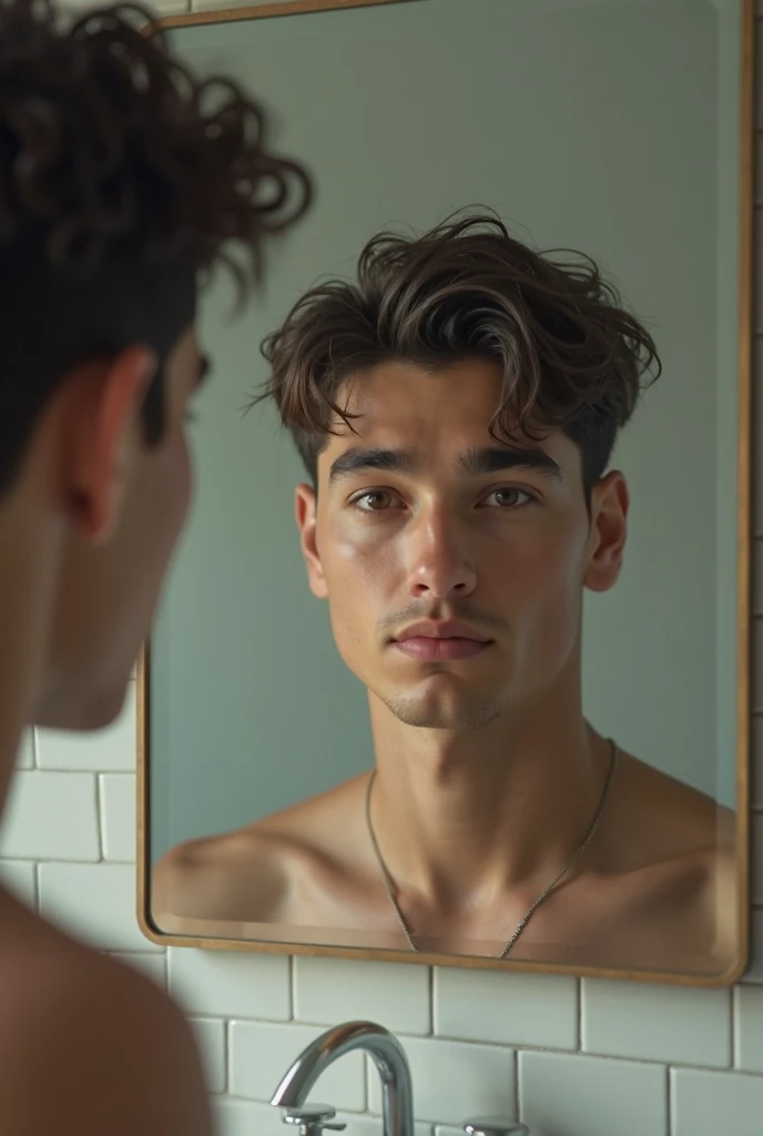 A thin man with dark brown hair, wearing glasses, and armpit hair in the bathroom..