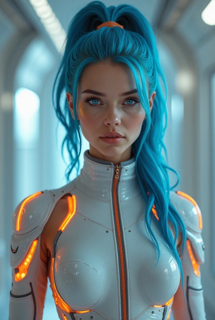 A Photograph capturing the essence of a young cyborg woman , standing tall with fiery blue hair in the mid ground of a futuristic city, Her face fills the frame, bathed in neon hues, exuding determination and mystery amidst a futuristic backdrop.