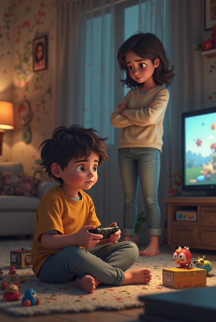 Disney-style poster, As a child, 10 years, playing, video game, on the couch, from your house, while, The Dad, he sees it sad
