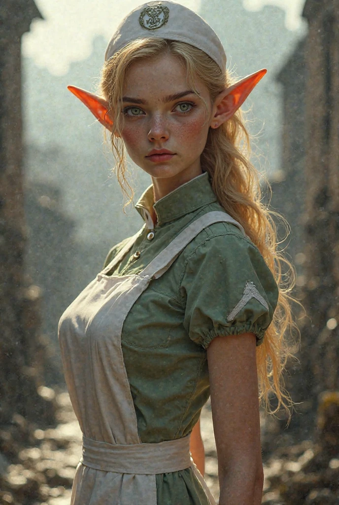 analog film photo, photo of an elven girl, elf ears, azure eyes, shaggy blonde bob cut, sun-tanned complexion, tall stature, athletic, voluptuous hourglass figure, full hips, plump round buttocks, wearing a linen mini-dress, strolling through a sunny Mediterranean olive grove, RAW Photograph, dslr, soft lighting, high quality, film grain, Fujifilm XT3, detailed skin with visible pores, insane details, masterpiece, 8k, 35mm photograph, dslr, kodachrome, faded film, desaturated, grainy, vintage, Lomography, stained, highly detailed, found footage, close-up shot, elven ears