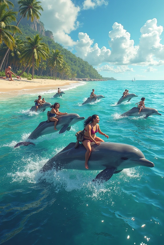 Several young women in swimsuits are catching large dolphins on the beach.、high resolution、Asian、Holding a dolphin