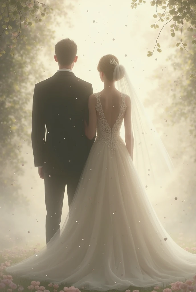 Beautiful tall redhead bride in standing wedding dress with short handsome groom in tuxedo at wedding ceremony, Groom only reaches the height of the bride's shoulder, belos olhos detalhados,beautiful detailed lips,olhos e rosto extremamente detalhados,long eyelashes, (best quality,4k,8k,Altas,master part:1.2), ultra-detalhado, (Realistic,fotorrealista,photo-realistic:1.37), HDR, UHD, studio lighting, pintura ultrafina, foco nítido, Physically-based rendering, Detalhe extremo, profissional, vivid colors, Bokeh, pintura digital