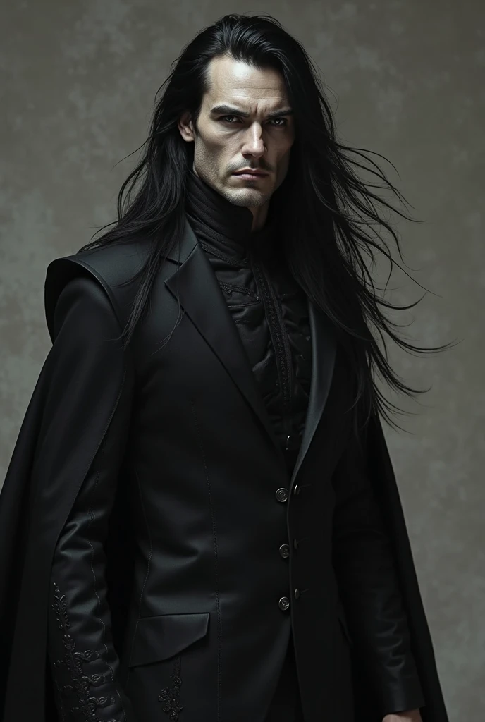 (best quality), 1boy, Male, mature male, 36 years old, white skin, (black hair), long hair, dark eyes, perfect eyes, strong jawline, king, handsome, (dark fantasy), black clothes, fully clothed, evil, scowl, gothic, masterpiece, anatomically correct, highres