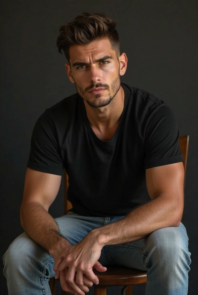 Create a realistic photo, Typical Spanish man with a beard and mustache,
very handsome man with a charming and deep look, green eyes, brown hair,
((full body)) hyper realistic photos, dressed in blue jeans, black tank top, sitting on stairs, background image: his house, head to toe, full body, photo hyper realistic