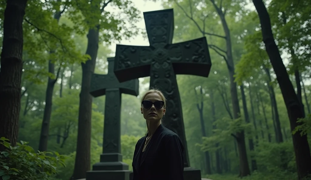Blonde Christian woman with big sunglasses eats bloody meat in the cemetery, she preaches while the surrounding gods laugh at her, she has a cross in her hand, half of her body is sunk in the earth,