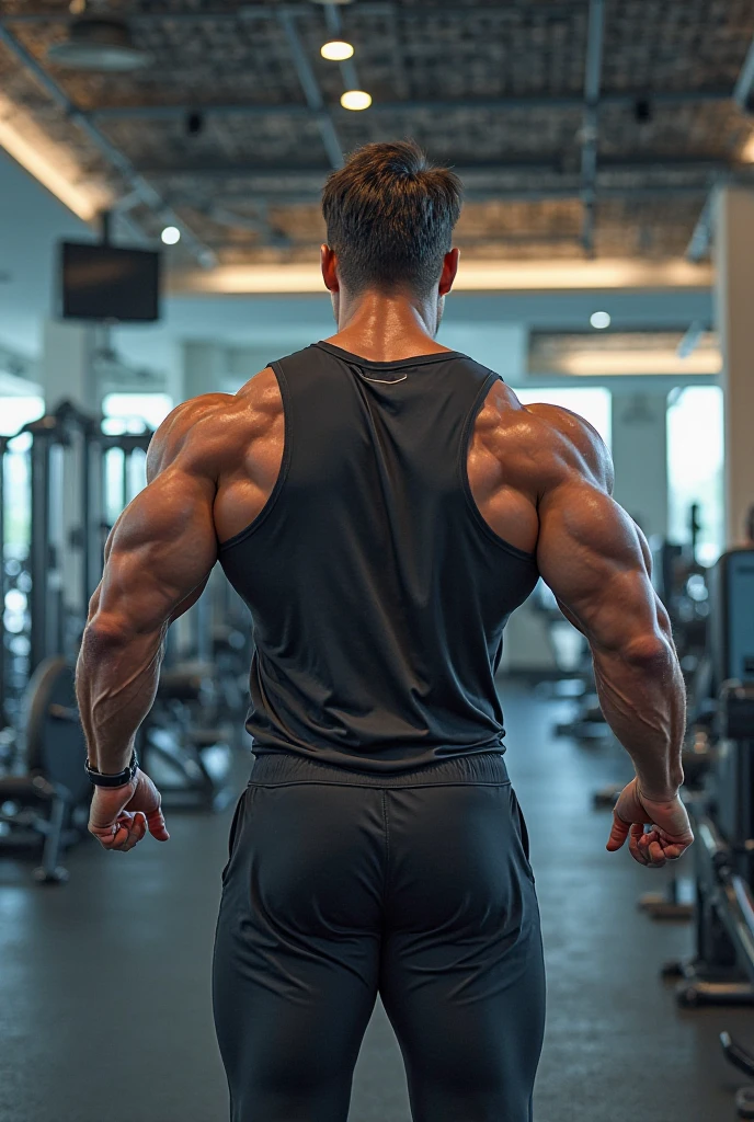 A standing bodybuilder showing his muscular and defined back after making a workout in a gym ambient
