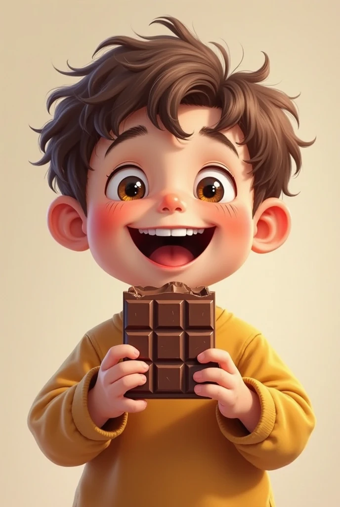 In the scene, a boy made of chocolate, every detail of his expression overflowing with happiness is visible, from the twinkle in his eyes to the curve of his smiling lips. The scene exudes incredible realism, inviting viewers to almost smell the aroma of chocolate.