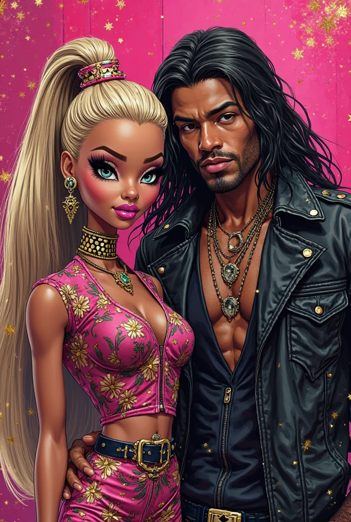 INSTAGRAM MODEL , with long black hair , with her friends , A very handsome and fair Arab guy , long black hair manbun, muscular with abs , Threaded long thick pink braids white girl , full body view, big boobs, (big boobs)