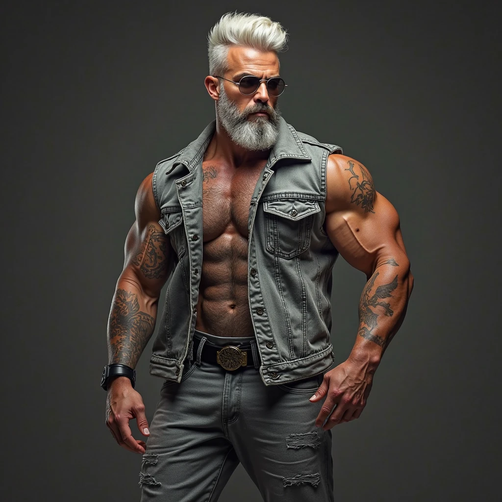A man with a close-cropped, stark-white hair and intricate tattoos adorned across his muscular forearms, is seated atop a powerful, white tiger. The tiger's body is taut and muscular, its facial features displaying an intense ferocity. The man's eyes pierce through the gloom, filled with an air of authority and strength. The tiger's hide is glistening in the dim light, casting eerie shadows on the man's stern features. The detailed tattoo on the man's arm is vividly brought to life in this high-quality, masterpiece art, with every line and shade meticulously crafted.

Best quality