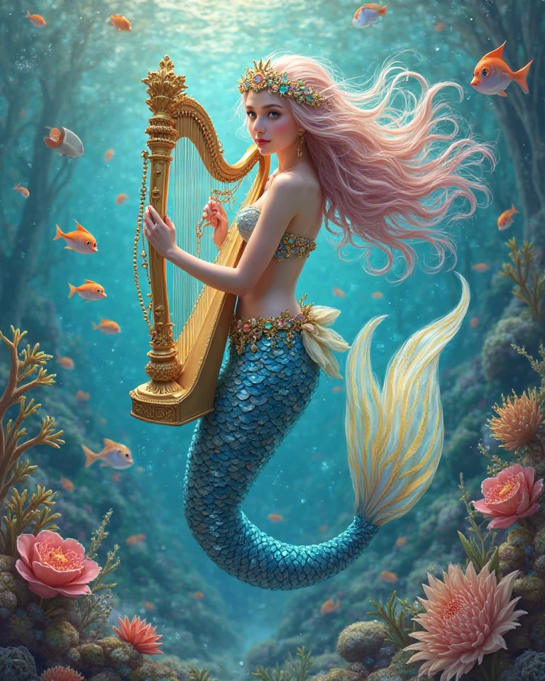 cute 20 year old mermaid with golden wavy hair with pretty hair accessoires in the ocean below the surface sitting on a stone playing a golden harp in the sunlight, sun is shining, wears a golden glittery mermaid bra, beautiful mermaid, beautiful detailed human face, red lips, alluring eyes, elaborated mermaid baby blue tail, serene, masterpiece, full body shot, highres, high resolution, high quality, intricate details, extremely detailed, incredible details, full colored, complex details, insanely detailed and intricate, extremely detailed with rich colors. masterpiece, best quality, HDR, UHD, unreal engine, High quality, gorgeous, glamorous, 8k, super detail, gorgeous light and shadow, detailed decoration, detailed lines, glittery, fantasy, pretty colors, anime style