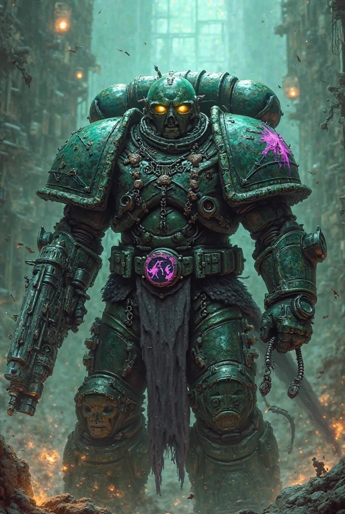 A picture of an oncoming necromunda(warhammer universe, but necromunda gangs are not as bułki as space marines) gang the Van saar. Description of members: Leader is an Orrus spyre Hunter(this ganger is the bułki one) with power fists(no gun), one chempion ganger is running wyth a melta gun and a Energy shield(hand held), second champion is useing a gravgun, specialit ganger is a sniper useing a long las rifle and shooting from high place, one ganger has a med kit and a lasgun, another with a granate and a lasgun, the last one is useing a suppression laser(a Kind of laser shotgun). The primary colour of armor is celadon with purple and Black additions. Background should be some war ridden industrial environment. 