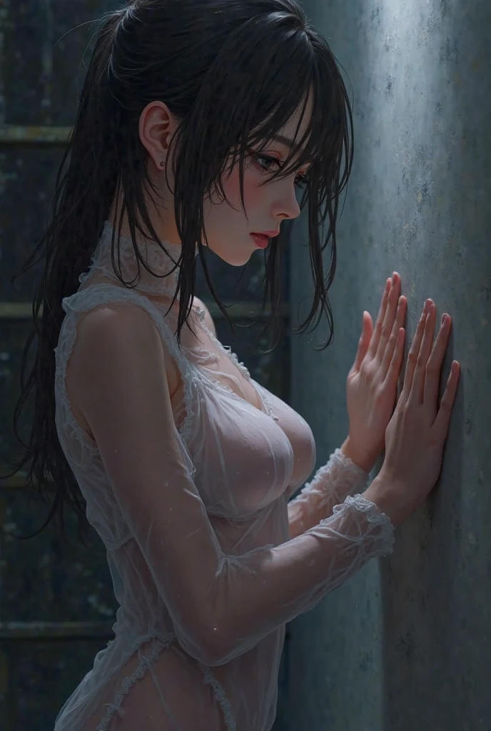 ((nsfw)),(gigantic breast:1)),(masterpiece, best quality),((high resolution 4k)), 1lady, solo, wings, black long hair, loose waves,pony tails, red eyes,wet body,water drops on her body,full naked,private parts exposed,no clothes,front view,standing on the ground,