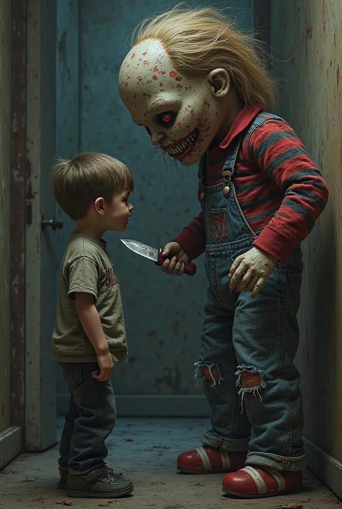 A child-like zombie, its clothes tattered remnants of a happier past, clutches a teddy bear in one hand and a rusty spoon in the other, a flicker of hope in its vacant eyes