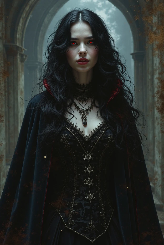 (a mysterious female vampire),(dark, gothic),(pale skin, red eyes, sharp fangs),(flowing black hair),(elegant, poised),(in a grand, ancient castle),(surrounded by bats),(moonlight casting eerie shadows),(wearing a flowing black gown),(holding a crystal chalice),(blood dripping from her lips),(sinister aura),(vivid colors, high contrast),(fine detail in her facial features),(dramatic lighting),(photorealistic rendering),(horror, fantasy, portrait)