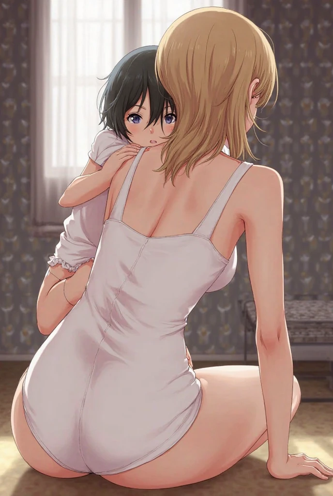 A mother seducing her little son, European 40 year old milfs with his little son with blonde and brown hair, Best Quality:1.4), (ultra high resolution:1.2), (8k, raw photo:1.2), Laurenalexis, (1 mom, 1 son), The mom is showing her curves, leaning seductively, with his little son, light eyes, a mother and her little son, ((french kiss:1.6)).NSFW