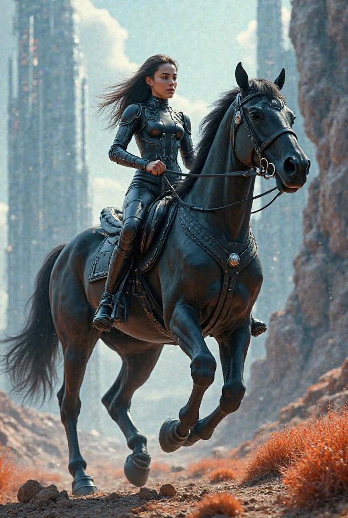 A girl riding a black horse is science fiction