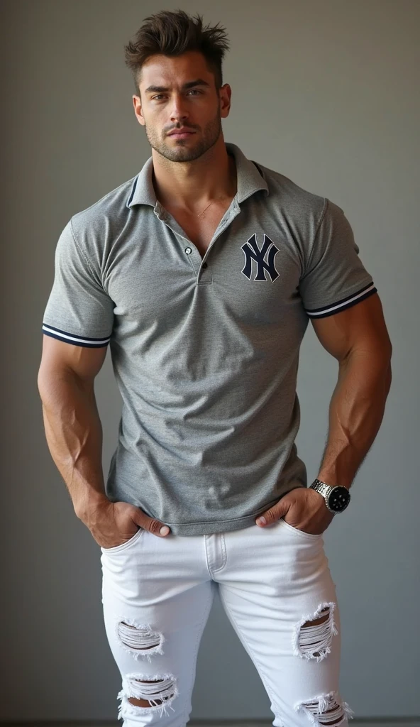 He is a high school student, but has a manly and cool short hair. He has no beard and looks like a Yankee, with a cracked abs. He is naked and shy, kneeling in just his pants, and his bottom is bulging.