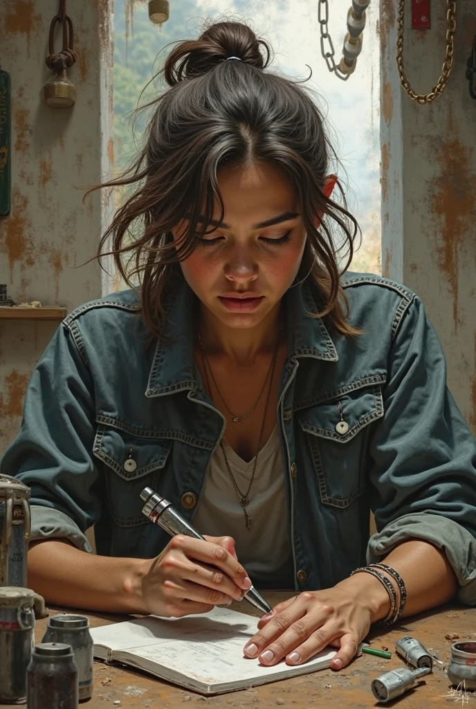 angry 18yo sister, bedroom, desk, messy room, realistic, looking at viewer, window, angry, arms behind back, from above, stormy sky, dim light at cozy bedroom,, (masterpiece, best quality, very aesthetic, ultra detailed), intricate details,
